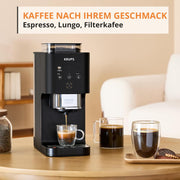 Cafetera automática Krups Coffee Crush  Extra, molinillo de acero inoxidable para café recién molido, solo 15 cm de ancho, panel de control inteligente, también para café premolido, limpieza fácil, negro, SA4028E0