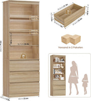 Estantería FirFurd de 202 cm con 3 cajones y 4 estantes, armario alto para salón, mueble de salón con baldas ajustables, vitrina para salón, despacho o cocina, 202x60x35 cm, roble