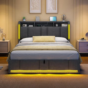 AOGLLATI Cama tapizada de matrimonio 140x200 con arcón, cama con almacenamiento hidráulico, iluminación LED y enchufes, cama 140x200 cm con cabecero con almacenaje, somier de láminas, lino, gris oscuro (sin colchón)