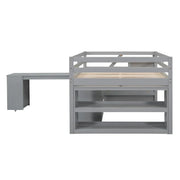 Cama tipo loft de tamaño matrimonial con escritorio retráctil y 3 cajones