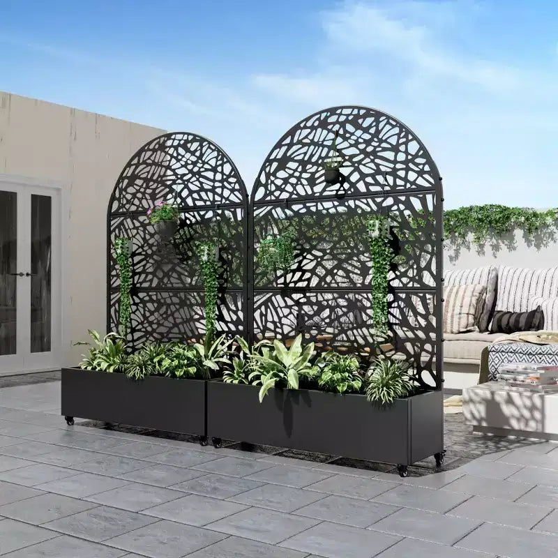 MAYEERTY Jardinera de hierro arqueada negra de 72x47 con enrejado, juego de 3 piezas, biombo decorativo de jardín para patio y balcón