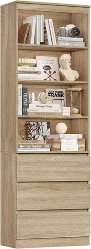 Estantería FirFurd de 202 cm con 3 cajones y 4 estantes, armario alto para salón, mueble de salón con baldas ajustables, vitrina para salón, despacho o cocina, 202x60x35 cm, roble