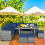 Conjunto de muebles de comedor para patio de 7 piezas de ratán con sofá seccional, mesa de comedor, otomanas y cojines