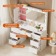 TRIUMPHKEY Tocador con espejo grande y regleta, 12 bombillas LED ajustables, mesa de maquillaje con 7 cajones, almacenamiento de joyas, cómoda grande moderna de 120x40x140 cm, blanco