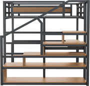 Litera alta de metal de 140x200 con escalera de almacenamiento con estantes y escritorio, diseño de valla de seguridad con tablones de metal unidos, cama de estructura de hierro alta con marco de metal para un soporte estable (negro)