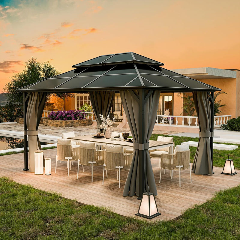 UDPATIO Gazebo de 3x4 m de policarbonato con doble techo y cortinas, aleaciones resistentes a la intemperie - Cenador de jardín impermeable, estable, resistente al invierno, con protección UV, postes de 6x6 cm de grosor para jardín, terraza, gris