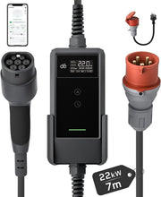 Wallbox móvil/estación de carga de 22kW con aplicación [trifásica|7m|6-32A] con medidor de energía, cable de carga CEE 32A a tipo 2 y cargador de VE para Model Y/3, ID.3/4/5, MG4, EX30, e-up, e-tron y otros VE/Híbridos enchufables