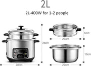 Arrocera y vaporera con función de mantenimiento en caliente (2/3/4/5L), recipiente de acero inoxidable 304, con espátula y taza medidora, para 1 a 7 personas, 2L