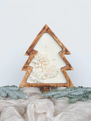 Cuenco de madera en forma de árbol de Navidad con copos de nieve o flor de Pascua, vela de soja, 100% cera de soja natural, mechas de madera, 26 cm x 19 cm
