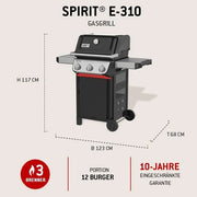 Barbacoa de gas Weber Spirit E310, 3 quemadores, encendido SnapJet, ruedas, rejilla de calentamiento, superficie de cocción de 51x46 cm, negro y plateado