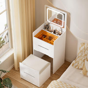 Tocador 3 en 1 con taburete, mesa de maquillaje con espejo abatible, superficie de cristal visible, cómoda de 3 cajones con iluminación LED, pequeño juego de tocador para dormitorio