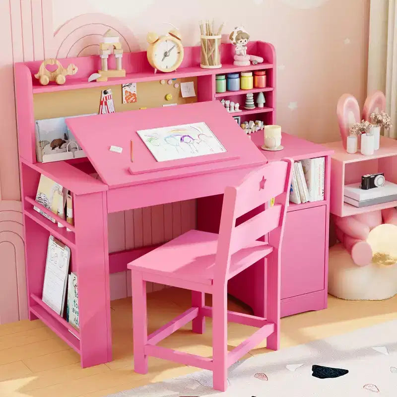 Juego de escritorio y silla de estudio para niños, con estante y superficie inclinable, mesa de estudio infantil, escritorio para estudiantes, para dormitorio, hogar