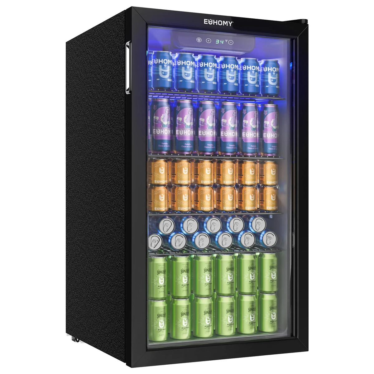 EUHOMY Mini refrigerador de bebidas de 90L para 126 latas con puerta de cristal, estantes ajustables, para hogar, bar, oficina, acero inoxidable negro