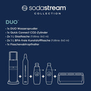 Gasificadora de agua SodaStream DUO Comfort-Set con cilindro de CO2 Quick-Connect | incl. 2 botellas de vidrio de 1 L, 2 botellas de plástico FUSE de 1 L (aptas para lavavajillas) y escurridor de botellas | Color: Titanio