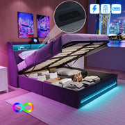 LIVLUX Cama con canapé 140x190 con somier LED y USB, cama doble tapizada con almacenamiento hidráulico, cama para 2 personas para adultos y adolescentes, lino gris claro, 140 x 190 cm