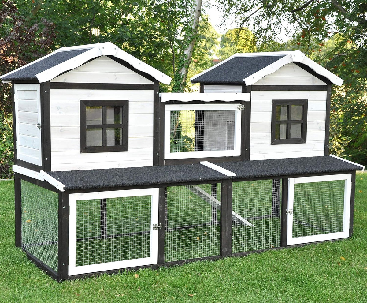 nanook Premium Conejera Jaula para animales pequeños XXL, grande, apropiada para la especie, con recinto al aire libre, ideal para exteriores, 197 x 85 x 112 cm - marrón y blanco - 2 niveles