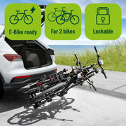 EUFAB 11521 Portabicicletas PREMIUM 2, apto para bicicletas eléctricas, completamente premontado, antirrobo, para 2 bicicletas, para bola de remolque, negro, plata