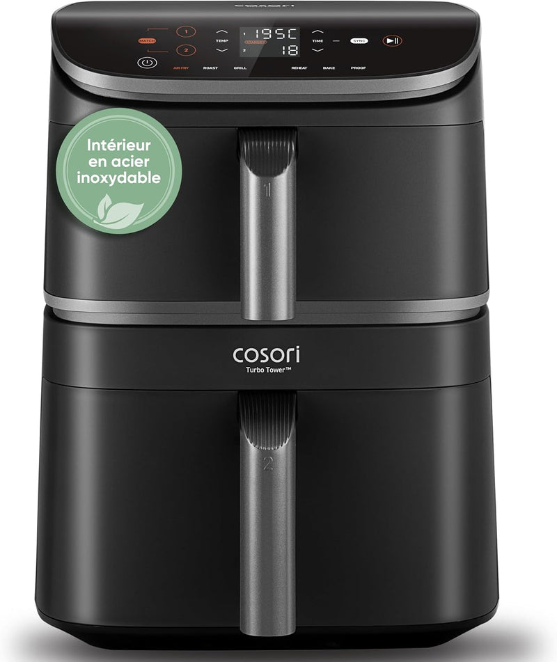 Freidora de aire COSORI Turbo Tower 10,8 L, sin aceite, con 2 cajones, 3 niveles de cocción, 6 en 1, diseño compacto y apilable, 41 % menos ancha que las freidoras de aire dobles tradicionales, más de 20 recetas