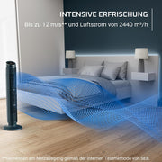 Ventilador de torre Rowenta Eole Silence Force, potente, modo silencioso, 12 velocidades, 5 modos automáticos, temporizador, oscilación de 60-90°, mando a distancia, cubierta antipolvo, azul, VU7050F0