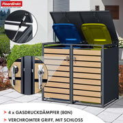 Cubrecontenedores Floordirekt para 2 cubos de basura de 60-240 l - Antracita con decoración de madera - incl. posibilidad de ampliación - revestimiento para cubos de basura, caja de basura para jardín, caseta para cubos de basura, Johann