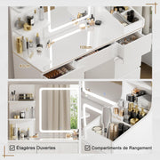 TRIUMPHKEY Tocador Moderno Blanco de Alto Brillo, Espejo LED con Luz Ajustable, Gran Espacio de Almacenamiento, Mesa de Maquillaje con 7 Cajones, 3 Compartimentos, 4 Estantes Abiertos