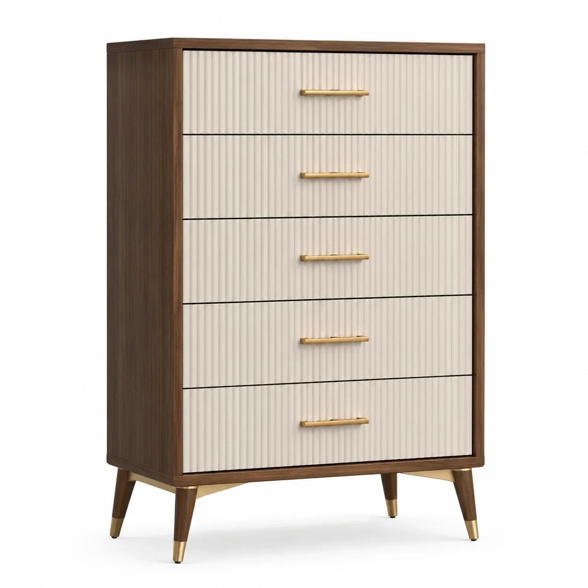 Cómoda de madera con 5 cajones y tiradores metálicos en beige y marrón