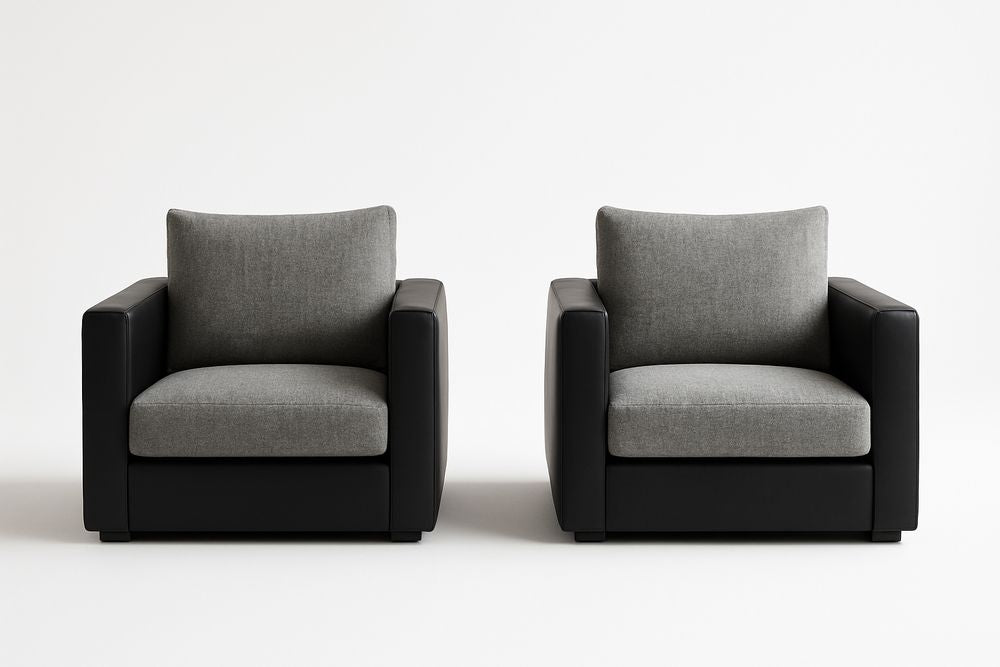 Set de 2 sillones cuadrados de tela de poliéster gris y piel sintética negra 85x90x85 cm
