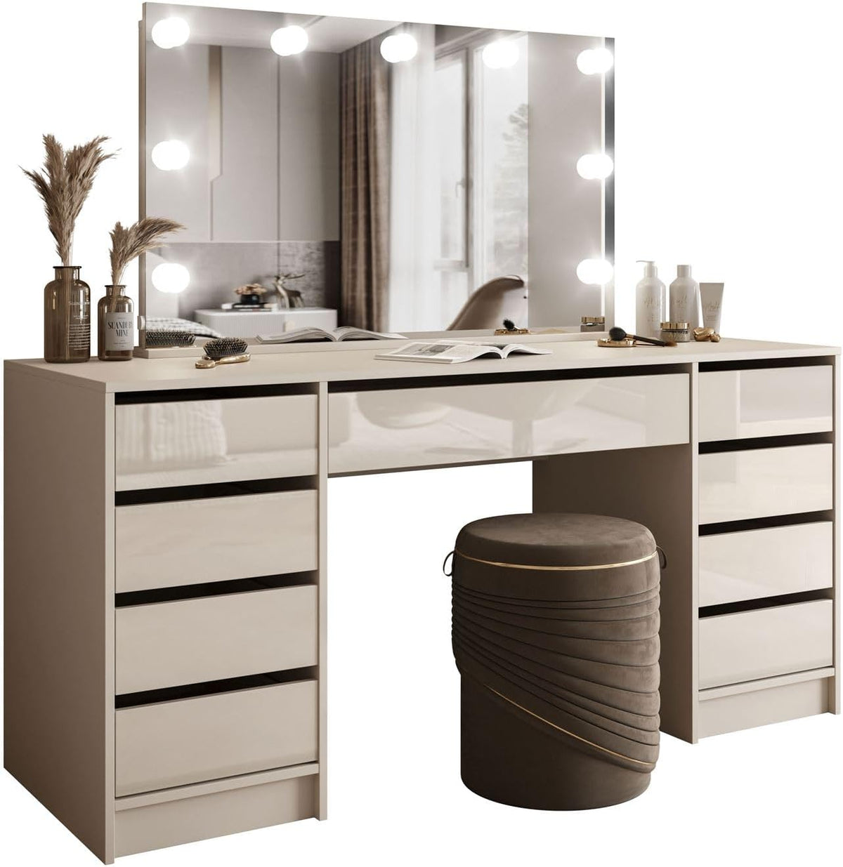 Tocador Lookway MADA Elite II con espejo LED – Elegante cachemira o blanco de alto brillo, montaje en pared, cajones espaciosos (cachemira/cachemira de alto brillo)