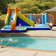 COSTWAY Castillo hinchable con soplador, tobogán acuático, piscina infantil, zona de fútbol, muro de escalada, dos cañones de agua y juego de diana, piscina de juegos 500 x 465 x 200 cm