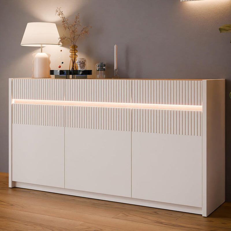 Aparador Forte Oak SQUERE 160, elegante aparador con 3 puertas, iluminación y diseño de lamas, madera contrachapada, decoración en roble Mauvella/arena, 160 cm de ancho x 85,9 cm de alto x 41,5 cm de fondo