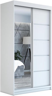 Armario con puertas correderas A&J MöbelLand GAPI, armario de 2 puertas con espejo, ropero de 120 cm (blanco/blanco/blanco)