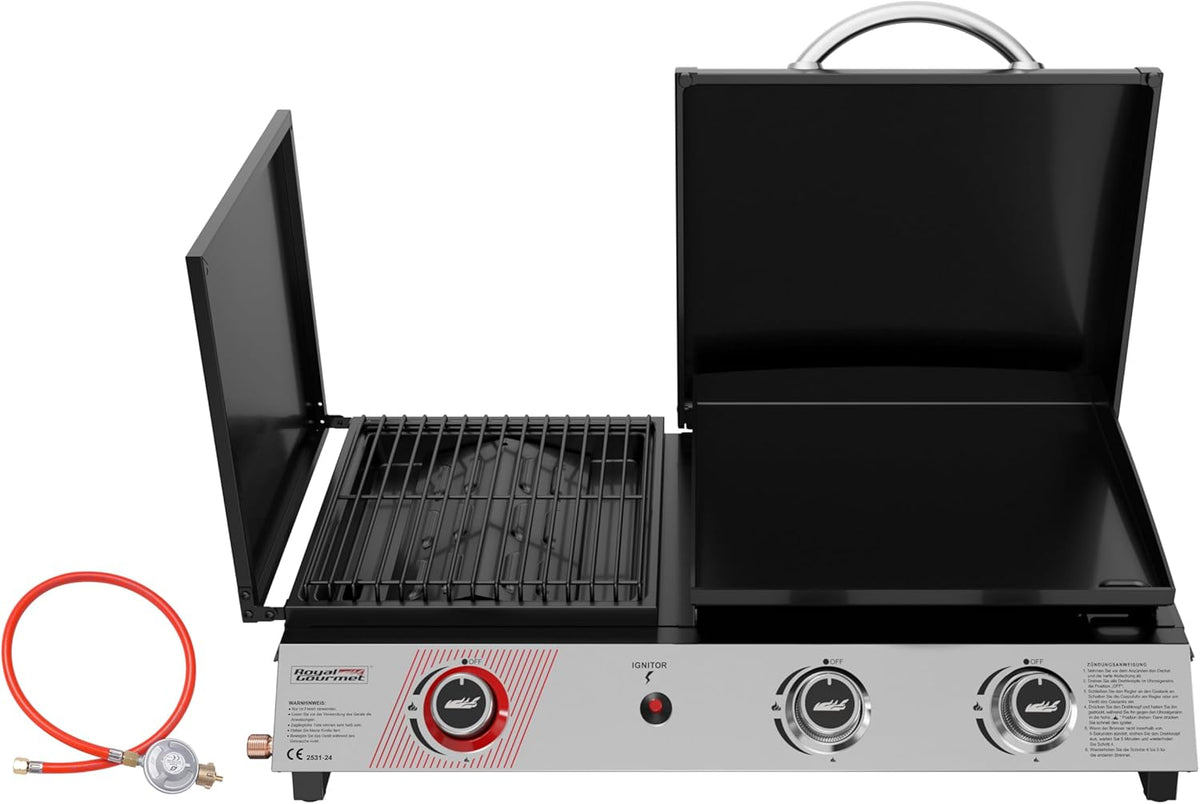 Barbacoa de gas de 3 quemadores Royal Gourmet, parrilla de mesa 3 en 1 para asar, freír y cocinar, barbacoa de camping con mesa auxiliar plegable, parrilla portátil para picnic de 8,5 kW, negra