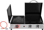 Barbacoa de gas de 3 quemadores Royal Gourmet, parrilla de mesa 3 en 1 para asar, freír y cocinar, barbacoa de camping con mesa auxiliar plegable, parrilla portátil para picnic de 8,5 kW, negra