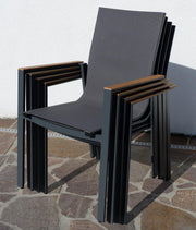 ALEOS. Conjunto de jardín, set de aluminio y teca con mesa redonda extensible de 120 cm a 160 cm + 6 sillas apilables, color antracita Trinidad