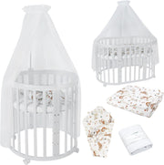 Cuna ovalada evolutiva Waldin, set completo 7 en 1, cuna de barrotes, cama infantil con colchón, cambiador, cuna colecho, madera blanca