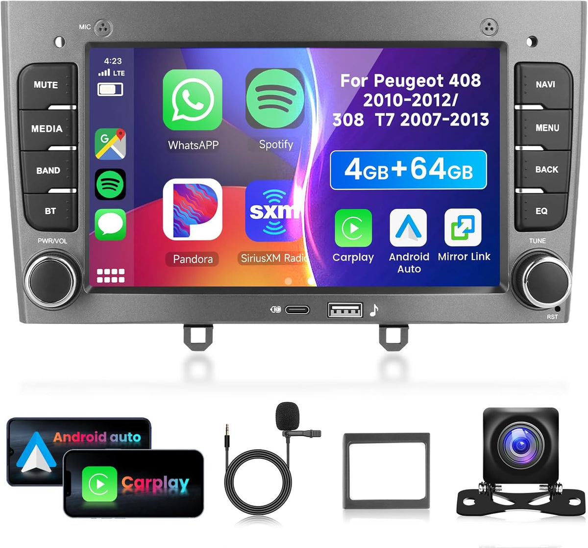 Autorradio VECHTEL 7 de 4G/64G para Peugeot 408 2010-2012 / 308 T7 2007-2013, Carplay y Android Auto inalámbricos, EQ, WiFi, GPS, Mirror Link, radio RDS/FM 2 DIN, autorradio Bluetooth con cámara de visión trasera