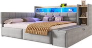 Sofá cama, 140 × 190 cm, con dos cajones, puertos USB y tipo C, compartimento de almacenamiento, banco de almacenamiento en el piecero, tira de luz LED, sin colchón, terciopelo, gris