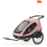 hauck Remolque de bicicleta y cochecito Dryk Duo Plus con suspensión, para 2 niños (6-48 meses), incluye barra de tiro, rueda de cochecito, bandera y luz LED, plegable, altura ajustable, maletero XL (verde oscuro)