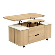 Mesa de centro elevable moderna multifuncional Zeus & Ruta con almacenamiento oculto, 4 taburetes y ruedas, perfecta para espacios modernos