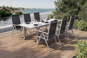 Conjunto de comedor de jardín Villana, plata/negro, aluminio/textil, mesa 160/220 cm, 6 sillas plegables