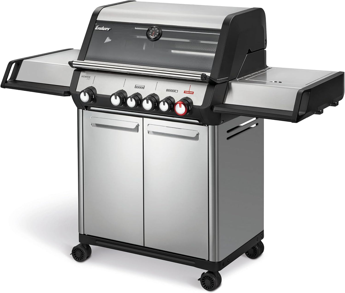 Barbacoa de gas Enders® MONROE PRO 4 SIKR TURBO, 4 quemadores de acero inoxidable, hornillo lateral, quemador trasero por infrarrojos, ventana de visualización, HEAT RANGE™, SWITCH GRID™, 800 °C TURBO ZONE™, SIMPLE CLEAN™, #8362