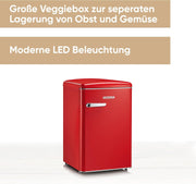 Mininevera retro SEVERIN, incluye opción de refrigeración que ahorra espacio, 2 estantes de altura ajustable, compartimento congelador integrado, extremadamente silenciosa - 37 dB, capacidad útil de 108 L, rojo, RKS 8830