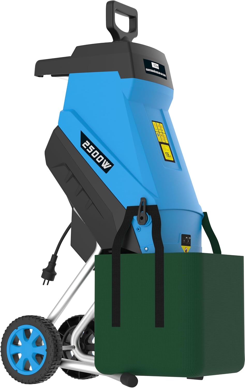 Trituradora de jardín Güde GH 2501 (2500 W, técnica de cuchillas, bajo mantenimiento, autoalimentación, ruedas de transporte, protección contra sobrecarga, grosor máx. de rama 45 mm, incl. bolsa de recogida de 45 L y empujador)
