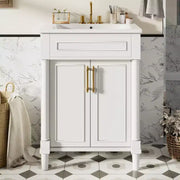 Tocador de baño de 24 pulgadas con lavabo de cerámica, gabinete estilo Shaker, 2 puertas de cierre suave y marco de madera maciza para baño pequeño o tocador