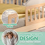 Cama infantil CADANI Malte 90x200 cm – Cama casita con barrera de seguridad extraíble, capacidad de carga de hasta 200 kg, somier de láminas enrollable, cama Montessori a ras de suelo de madera maciza de pino, natural