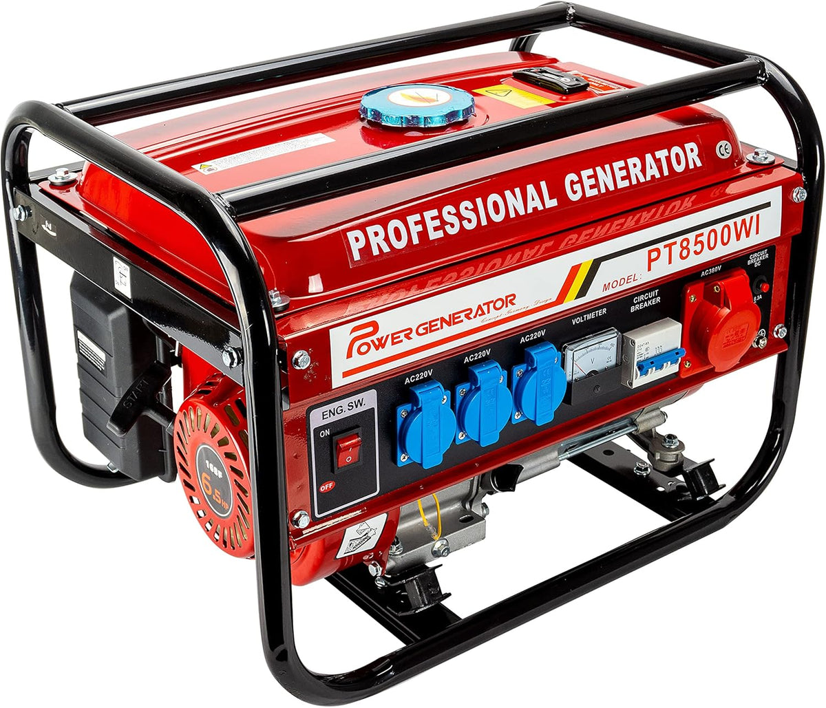 Generador eléctrico de gasolina | Generador de energía con accesorios | Generador de emergencia silencioso | 5 tomas de corriente 3x 230V / 1x 400V / 1x 12V | 6,5 HP (generador eléctrico con arranque manual)