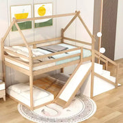 Literas tipo casita con tobogán y escaleras de almacenamiento, litera de madera individual sobre individual para niños con techo y escaleras para niñas y niños