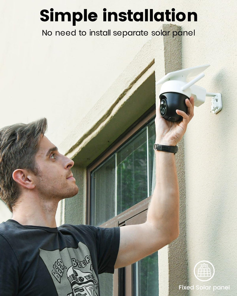 aosu Paquete de 2 cámaras de vigilancia WiFi inalámbricas para exteriores con panel solar, 3MP 360° PTZ panorámica, visión nocturna, alarma luminosa y sonora, audio bidireccional