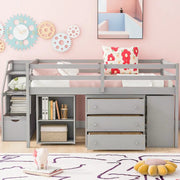 Cama tipo loft de tamaño matrimonial con escritorio retráctil y 3 cajones