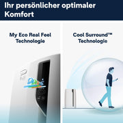 De'Longhi Pinguino PAC EL112 CST WiFi, aire acondicionado portátil con tecnología MyEcoRealFeel para habitaciones de hasta 110 m³, 11.000 BTU/h, 2,9 kW, 63 dB, función de deshumidificación, A+, control por aplicación y voz, blanco